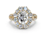 Large Accent Halo Engagement Ring Setting for Oval Center with Pave Split Shank and Prong Head in Yellow Gold