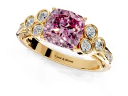 Cluster Engagement Ring Setting for Fancy Pink Cushion Cut Center with Bezel Accent Clusters and Prong Head in Yellow Gold