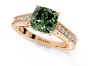 Solitaire Engagement Ring Setting for Fancy Green Cushion Cut Center with Engraved Pave Band and Prong Head in Rose Gold