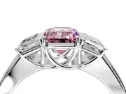 3 Stone Engagement Ring Setting for Fancy Pink Emerald Cut Center with Raised Basket Heads and Prong Head in Platinum