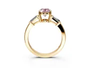 3 Stone Engagement Ring Setting for Fancy Pink Oval Center with Baguette Accents and Prong Head in Yellow Gold
