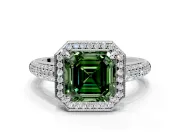 Milgrain Halo Engagement Ring Setting for Fancy Green Asscher Cut Center with Three-Sided Pave Band and Prong Head in Sterling Silver
