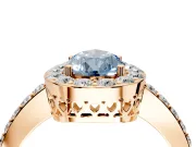 Halo Engagement Ring Setting for Fancy Blue Pear-Shaped Center with Heart-Shaped Openwork, Pave Band and Prong Head in Rose Gold