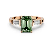 3 Stone Engagement Ring Setting for Fancy Green Emerald Cut Center with Channel Baguette Accents and Prong Head in Rose Gold