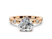 Solitaire Engagement Ring Setting for Heart-Shaped Center with Beaded Bezel Station Band and Prong Head in Rose Gold