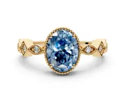 Milgrain Bezel Engagement Ring Setting for Fancy Blue Oval Center with Marquise Stations and Bezel Head in Yellow Gold