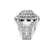 Double Halo Engagement Ring Setting for Cushion Cut Center with Narrow Pave Split Shank and Prong Head in Platinum