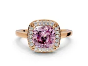 Halo Engagement Ring Setting for Fancy Pink Cushion Cut Center with Plain Tapered Band and Prong Head in Rose Gold