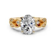 Leaf Engagement Ring Setting for Oval Center with Milgrain Accent Band and Prong Head in Yellow Gold