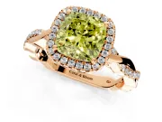 Halo Engagement Ring Setting for Fancy Yellow Cushion Cut Center with Pave and Plain Twist Band and Prong Head in Rose Gold