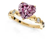 Solitaire Engagement Ring Setting for Fancy Pink Heart-Shaped Center with Beaded Bezel Station Band and Prong Head in Yellow Gold