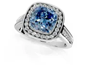 Halo Engagement Ring Setting for Fancy Blue Cushion Cut Center with Outer Bezel Rim, Pave Band and Prong Head in White Gold