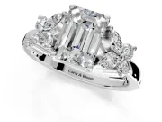 Floral Engagement Ring Setting for Emerald Cut Center with Marquise Cluster Shoulders and Prong Head in White Gold