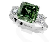3 Stone Engagement Ring Setting for Fancy Green Asscher Cut Center with Crossover Basket, Pave Band and Prong Head in Platinum