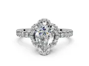 Halo Engagement Ring Setting for Pear-Shaped Center with Openwork Halo, Pave Band and Prong Head in Platinum