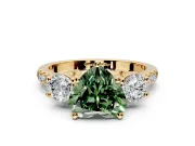 3 Stone Engagement Ring Setting for Fancy Green Heart-Shaped Center with Crossover Basket, Pave Band and Prong Head in Yellow Gold
