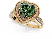 Halo Engagement Ring Setting for Fancy Green Heart-Shaped Center with Outer Bezel Rim, Pave Band and Prong Head in Yellow Gold