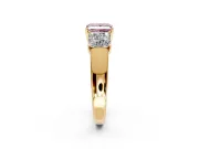 3 Stone Engagement Ring Setting for Fancy Pink Princess Cut Center with Raised Basket Heads and Prong Head in Yellow Gold