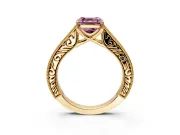 Solitaire Engagement Ring Setting for Fancy Pink Asscher Cut Center with Engraved Pave Band and Prong Head in Yellow Gold