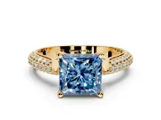 Solitaire Engagement Ring Setting for Fancy Blue Princess Cut Center with Multi-Row Accents and Prong Head in Yellow Gold