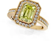 Halo Engagement Ring Setting for Fancy Yellow Emerald Cut Center with Milgrain Halo, Pave Band and Prong Head in Yellow Gold