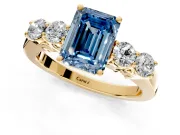 5 Stone Engagement Ring Setting for Fancy Blue Emerald Cut Center with Equal Close-Set Accents and Prong Head in Yellow Gold