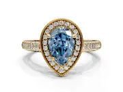 Milgrain Halo Engagement Ring Setting for Fancy Blue Pear-Shaped Center with Three-Sided Pave Band and Prong Head in Yellow Gold
