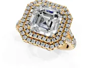 Double Halo Engagement Ring Setting for Asscher Cut Center with Narrow Pave Split Shank and Prong Head in Yellow Gold