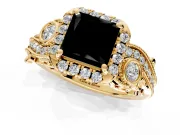 Bypass Halo Engagement Ring Setting for Fancy Black Princess Cut Center with Bezel Accents, Milgrain and Prong Head in Yellow Gold