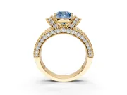 Pave Engagement Ring Setting for Fancy Blue Cushion Cut Center with Curved Accent Rows, Openwork and Prong Head in Yellow Gold