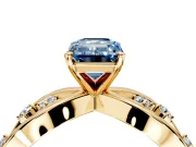 Solitaire Engagement Ring Setting for Fancy Blue Emerald Cut Center with Criss-Cross Accent Band and Prong Head in Yellow Gold