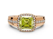 Halo Engagement Ring Setting for Fancy Yellow Asscher Cut Center with Wide Band, Inlaid Accent Row and Prong Head in Rose Gold