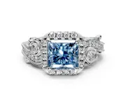 Bypass Halo Engagement Ring Setting for Fancy Blue Princess Cut Center with Bezel Accents, Milgrain and Prong Head in Platinum