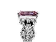 Leaf Engagement Ring Setting for Fancy Pink Emerald Cut Center with Milgrain Accent Band and Prong Head in Platinum