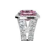 Halo Engagement Ring Setting for Fancy Pink Asscher Cut Center with Narrow Pave Split Shank and Prong Head in Platinum