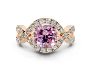 Halo Engagement Ring Setting for Fancy Pink Cushion Cut Center with Pave Infinity Twist Band and Prong Head in Rose Gold