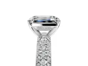 Solitaire Engagement Ring Setting for Emerald Cut Center with Domed Multi-Row Pave Band and Prong Head in Platinum
