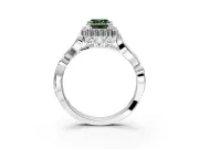 Halo Engagement Ring Setting for Fancy Green Emerald Cut Center with Leaf Motif Split Shank and Prong Head in Platinum