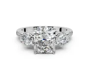 3 Stone Engagement Ring Setting for Radiant Cut Center with Crossover Basket, Pave Band and Prong Head in White Gold