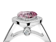 Halo Engagement Ring Setting for Fancy Pink Heart-Shaped Center with Outer Bezel Rim, Pave Band and Prong Head in Platinum