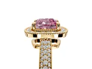Milgrain Halo Engagement Ring Setting for Fancy Pink Cushion Cut Center with Three-Sided Pave Band and Prong Head in Yellow Gold