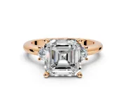 3 Stone Engagement Ring Setting for Asscher Cut Center with Wide Plain Band and Prong Head in Rose Gold