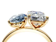 Fancy Blue Oval and Emerald Cut Lab-Grown Diamond Toi et Moi Engagement Ring with Prong-Set Stones in Yellow Gold