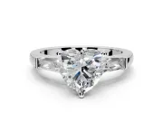 3 Stone Engagement Ring Setting for Heart-Shaped Center with Tapered Baguettes, Plain Band and Prong Head in Sterling Silver