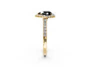 Halo Engagement Ring Setting for Fancy Black Heart-Shaped Center with Narrowing Pave Band and Prong Head in Yellow Gold