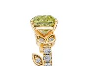 Leaf Motif Engagement Ring Setting for Fancy Yellow Cushion Cut Center with Pave Band and Prong Head in Yellow Gold