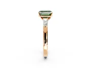3 Stone Engagement Ring Setting for Fancy Green Asscher Cut Center with Tapered Baguettes, Plain Band and Prong Head in Rose Gold