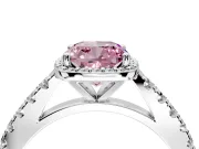 Halo Engagement Ring Setting for Fancy Pink Cushion Cut Center with Full Pave Band and Prong Head in Platinum