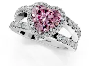 Halo Engagement Ring Setting for Fancy Pink Heart-Shaped Center with Wide-Open Pave Split Shank and Prong Head in Platinum