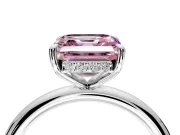 Hidden Halo Engagement Ring Setting for Fancy Pink Asscher Cut Center with Thin Rounded Band and Prong Head in Sterling Silver
